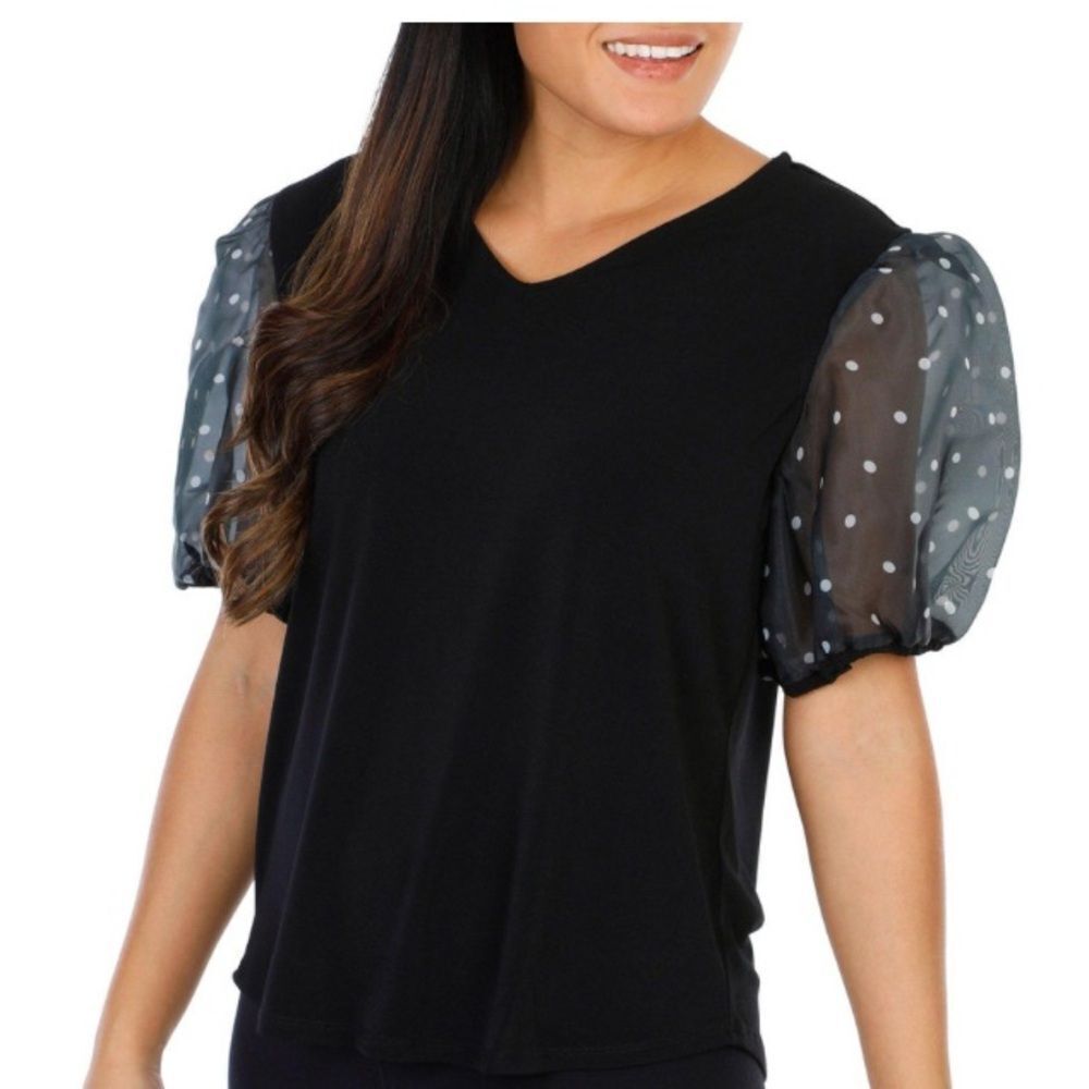 Adrianna Papell Women's XL Black Sheer Polka Dot Puff Sleeve Blouse